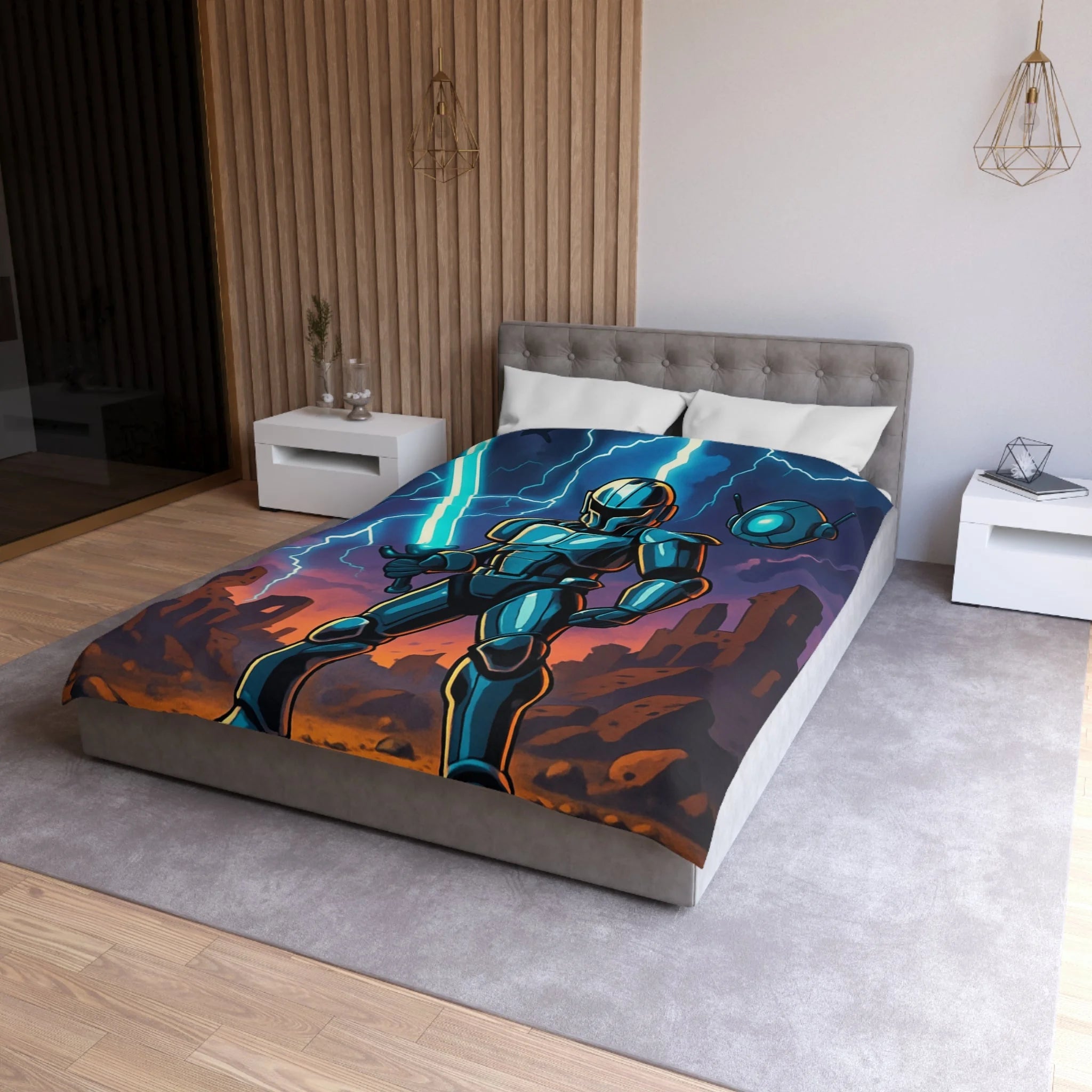 Housse de Couette Sci-Fi avec Guerrier en Armure et Paysage Apocalyptique