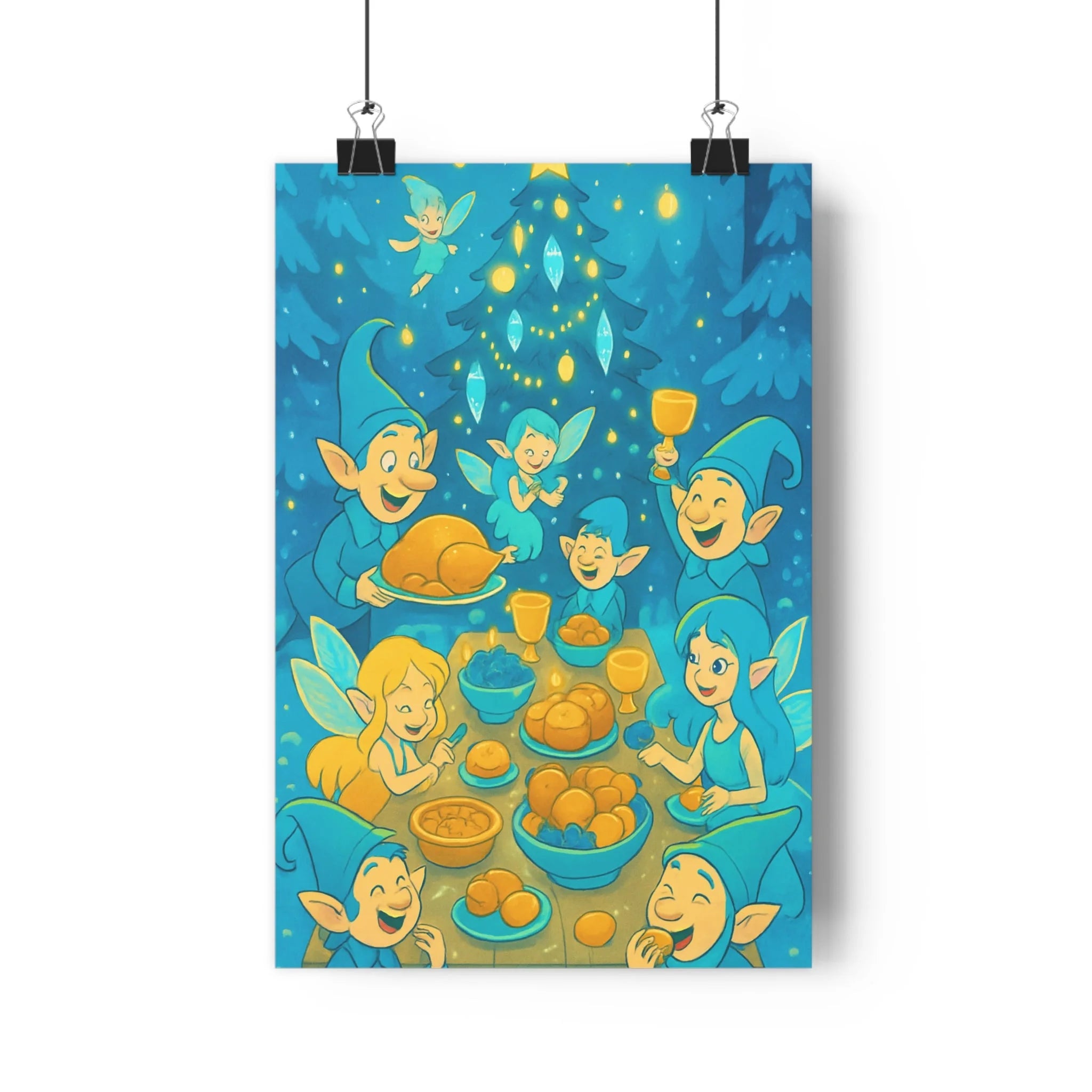 Poster décoratif fantasy créatures lutins fées bleu jaune magique joyeux cartoon Noël intérieur chambre