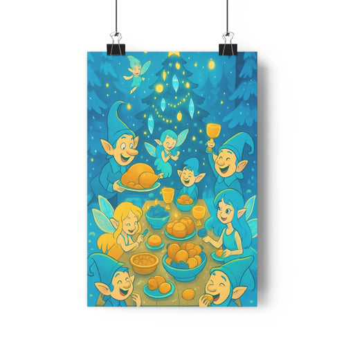 Poster fantastique lutins fées repas forêt nocturne étoiles bleu jaune cartoon expressions visibles joyeux magique intérieur chambre