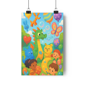 Poster festif girafe verte ours brun chat bleu lapin blanc enfants champ verdoyant bulles savon magique couleurs vives style cartoon