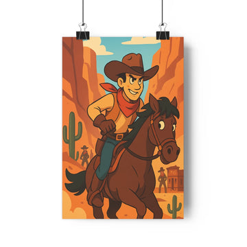 Poster vintage western cowboy cheval cactus montagnes désert ciel bleu nuages écharpe épée chemise jaune bottes blues style cartoon couleurs