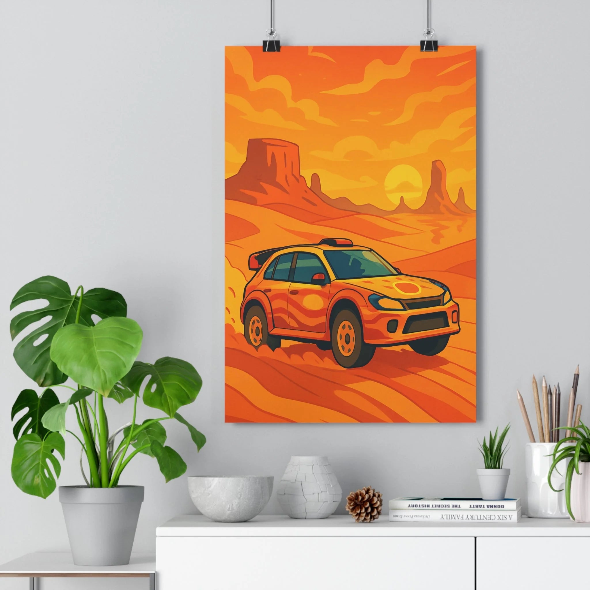 Poster décoratif aventure voiture désert rouge jaune coucher soleil dynamique moderne salon chambre tendance