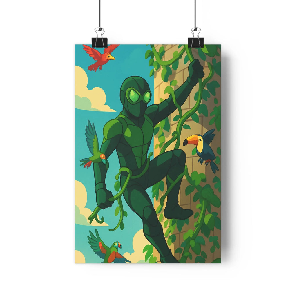 Poster décoratif superhéros vert cartoon écologique dynamique coloré joyeux salon enfant mur déco ambiance