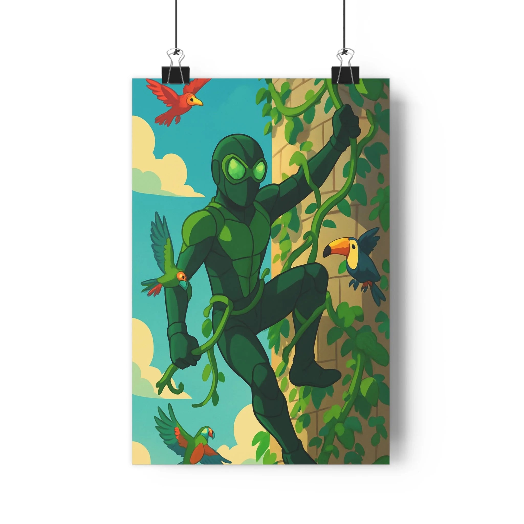 Poster décoratif superhéros vert cartoon écologique dynamique coloré joyeux salon enfant mur déco ambiance