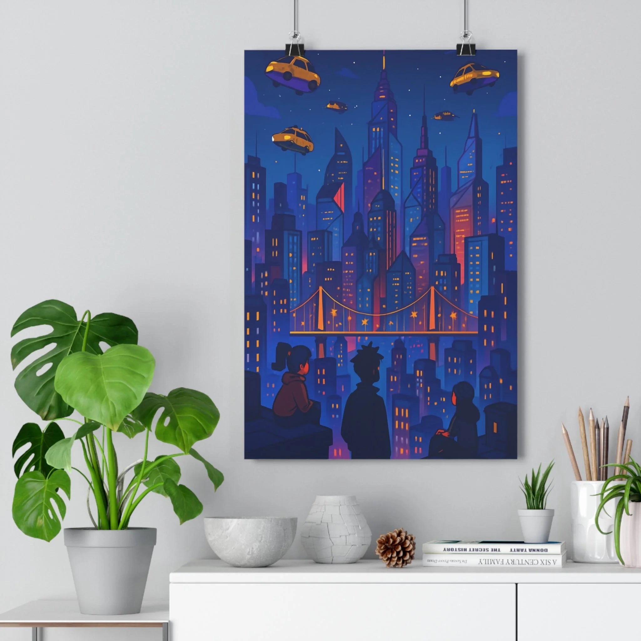 Poster décoratif moderne bleu violet jaune urbain lumineux cartoon magique salon chambre 30x46 centimètres