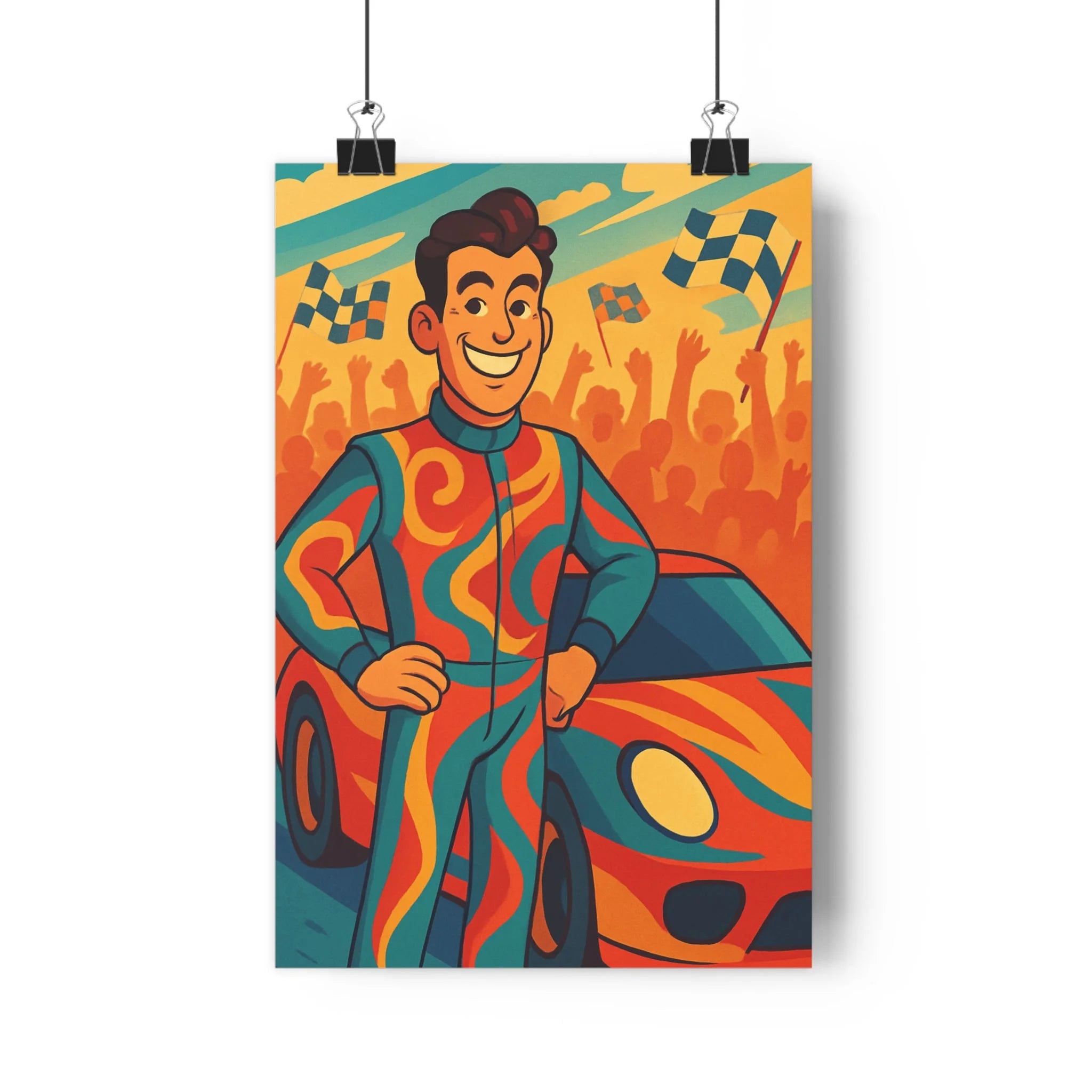 Poster décoratif cartoon voiture sport course orange bleu chambre enfant dynamique joyeux énergie ambiance