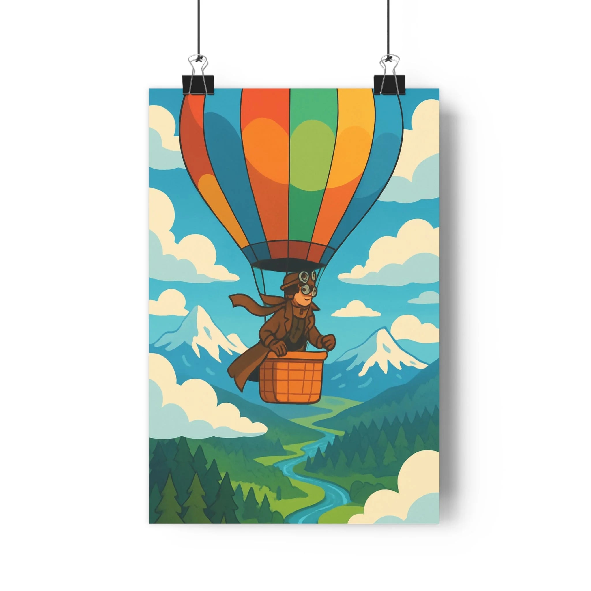 Poster décoratif aventure montgolfière colorée cartoon joyeux salon chambre apaisante montagne paysage enchanteur qualité