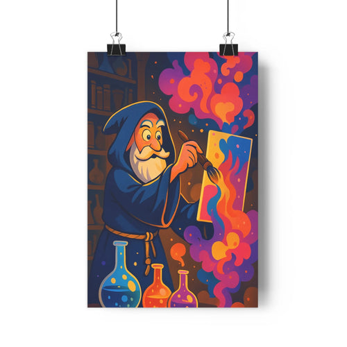 Poster artiste âgé peinture bouteilles meuble blanc couleurs vives nuages créativité fantastique chambre salon dynamisme graphique