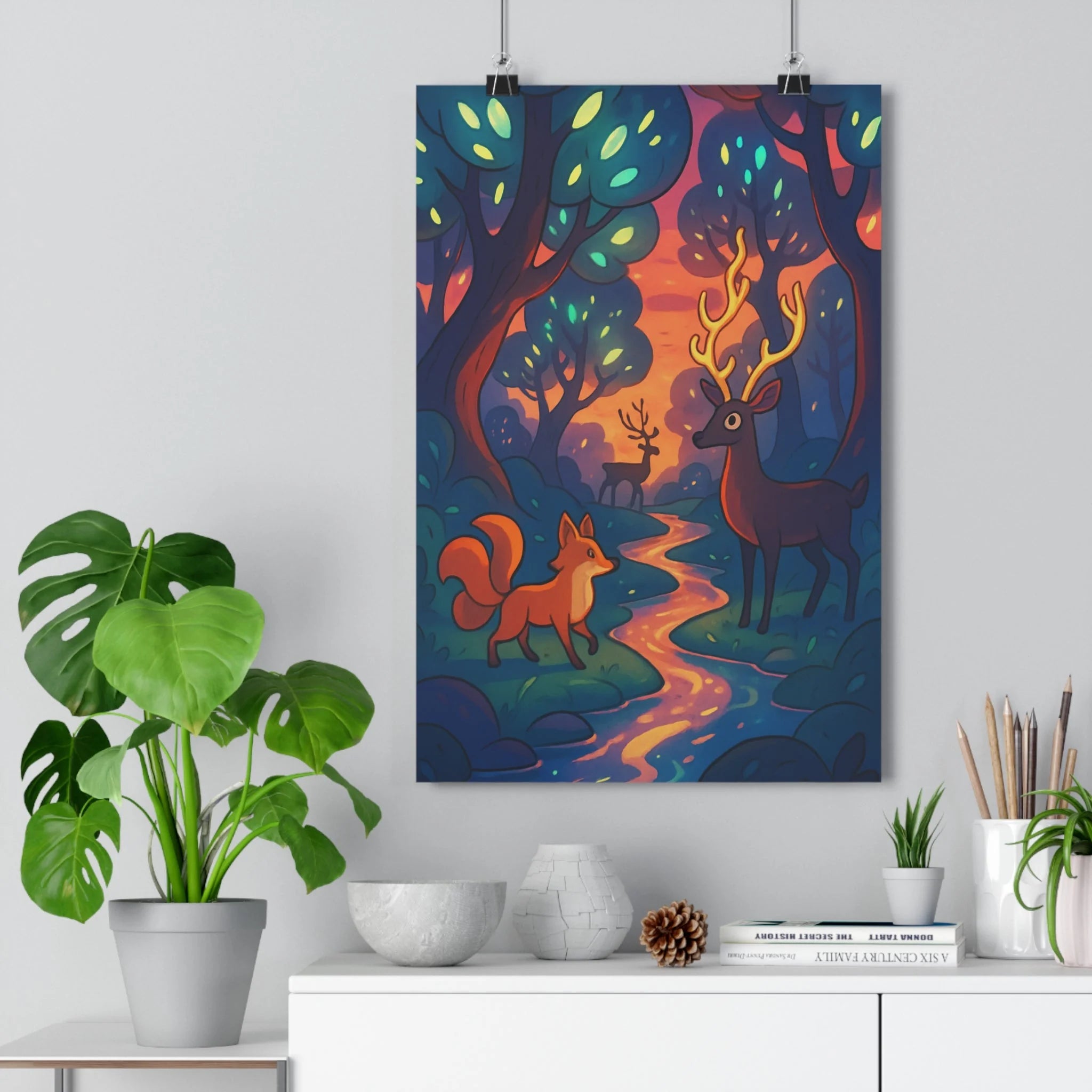 Poster décoratif enchanteur forêt crépuscule bleu rose magique chambre salon nature paisible animaux lumineux