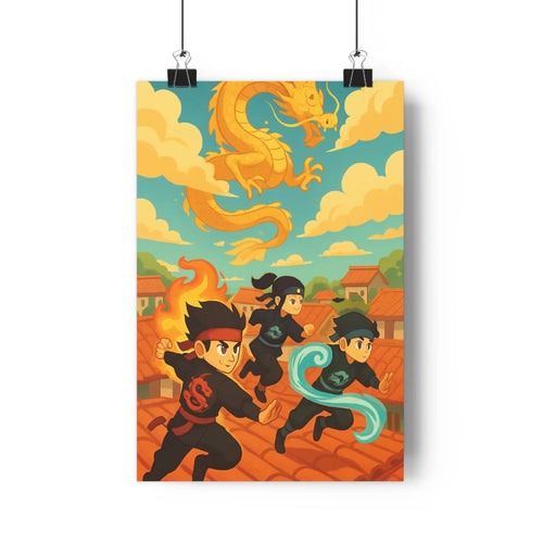 Poster dynamique personnages course dragon toits rouges ciel bleu nuages ambiance fantastique cartoon couleur vive énergie chambre salon