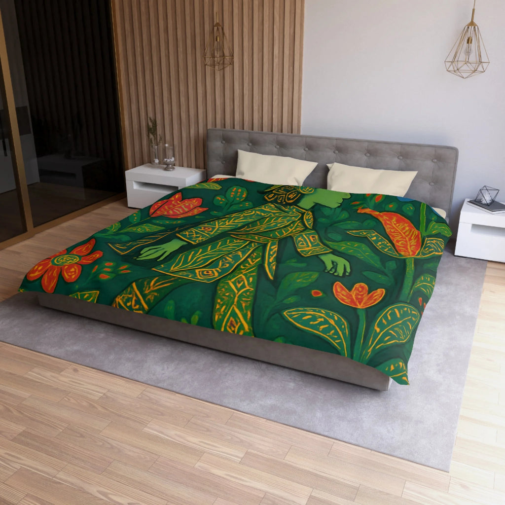 Housse de couette vibrante avec motif botanique et personnage en marche serein