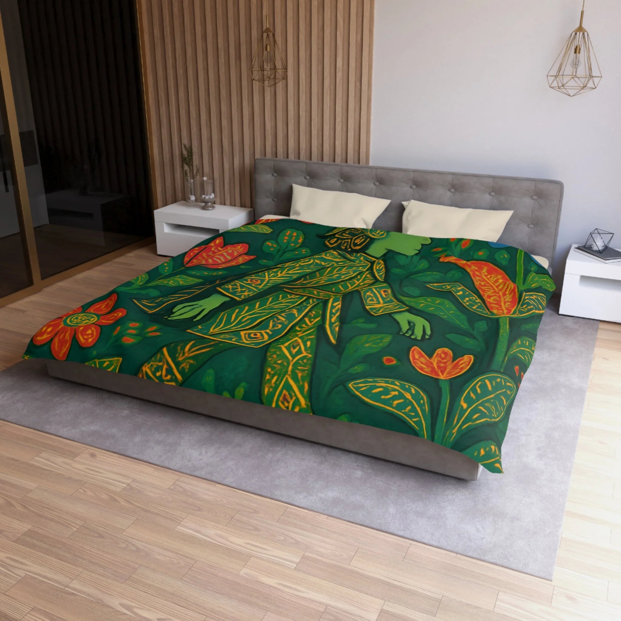 Housse de couette vibrante avec motif botanique et personnage en marche serein