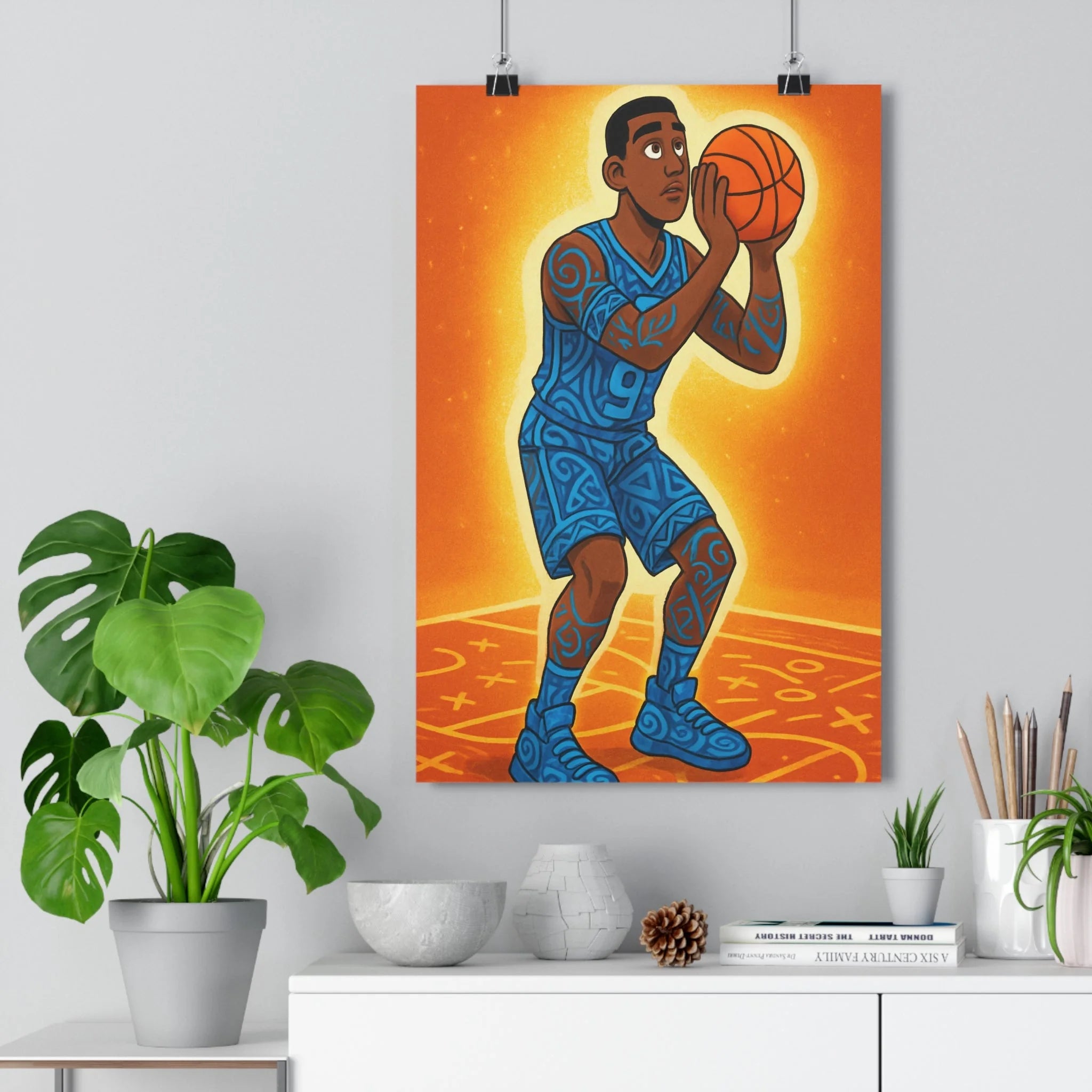 Poster décoratif basket moderne dynamique bleu orange tribaux chambre bureau sport énergie action 30x46