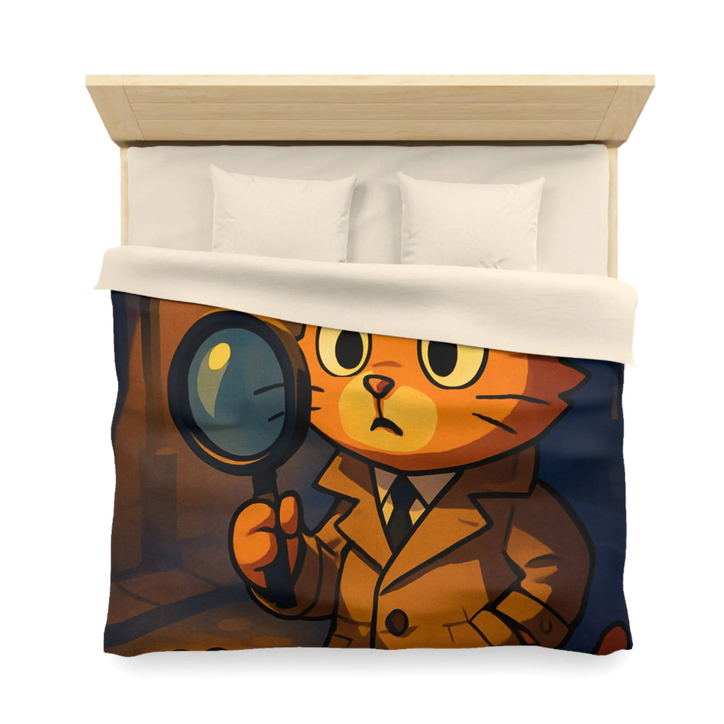 Housse de couette motif chat détective illustré avec lampe et empreinte mystérieuse