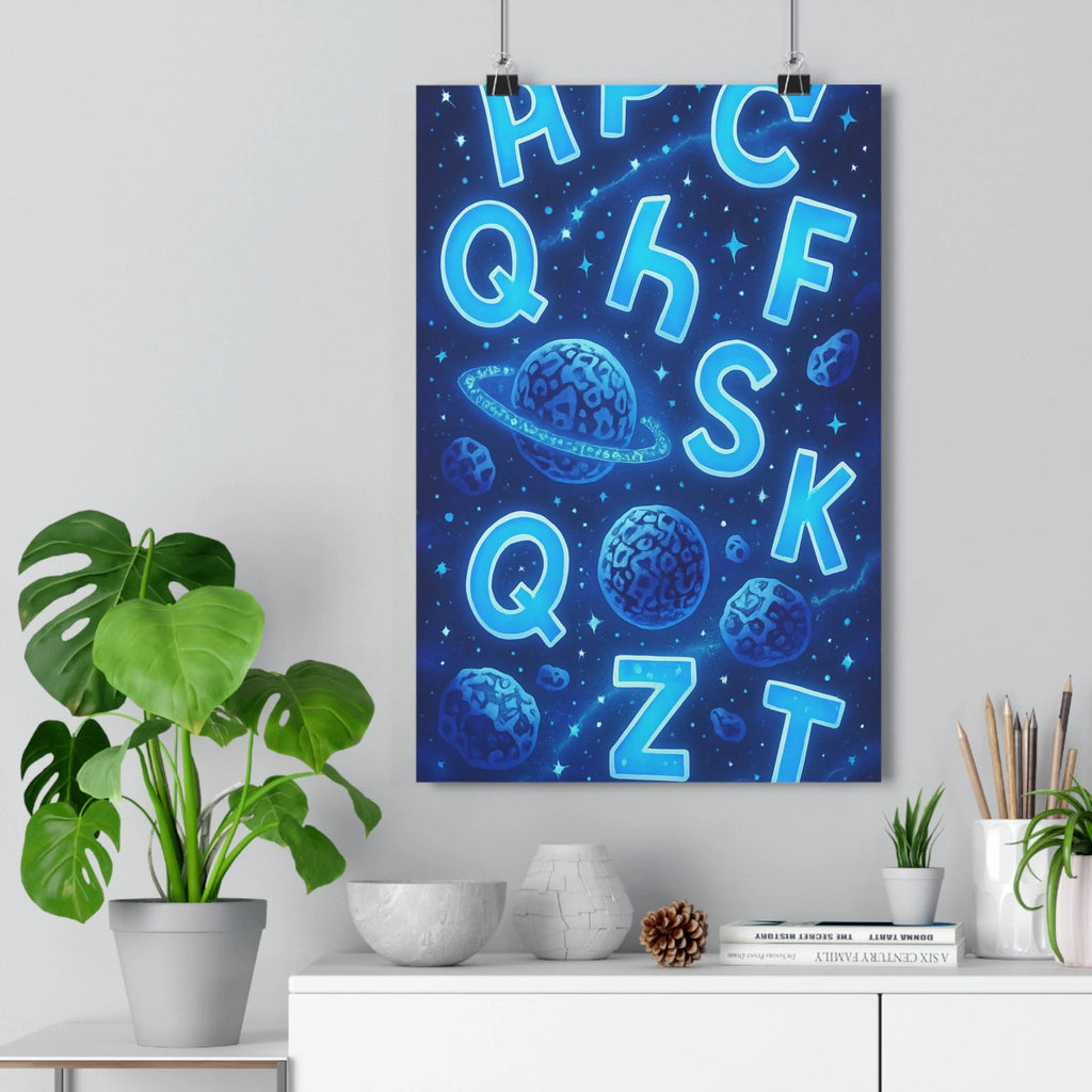 Poster décoratif futuriste bleu néon typographie galactique moderne bureau anime lumineux interstellaire espace qualité