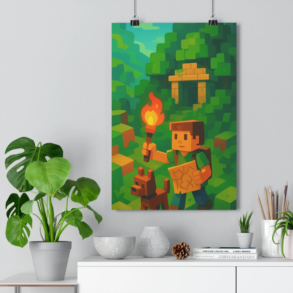Poster décoratif aventurier forêt pixel art chien temple dessin animé couleurs vives chambre gamer