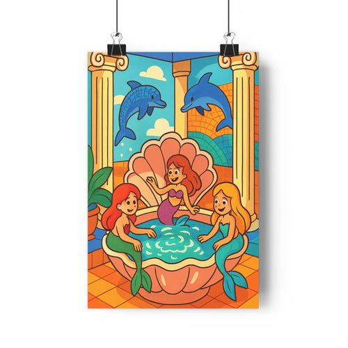 Poster sirènes dauphins coquille marine colonnes plage bleu vert jaune cartoon joyeuse festive chambre salon