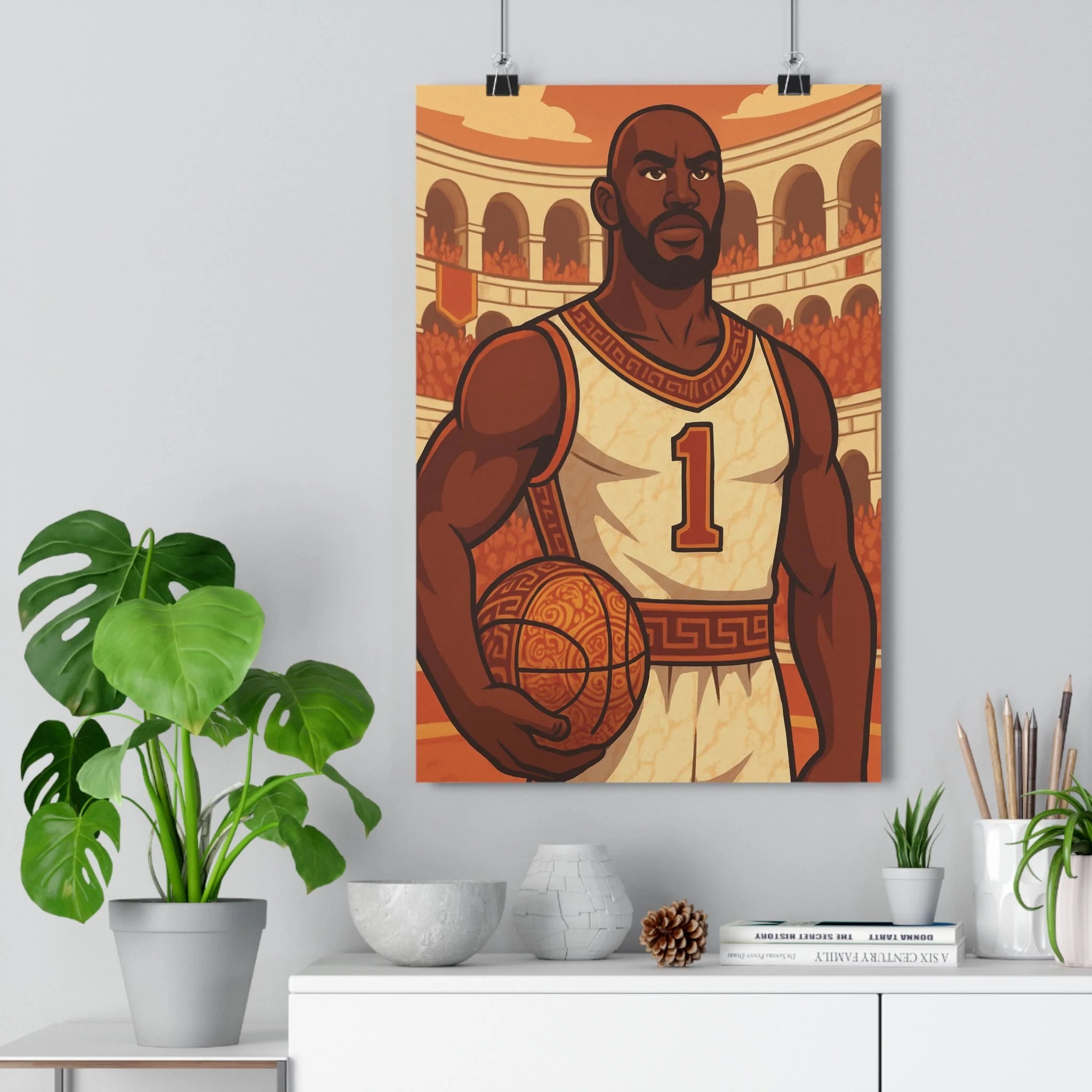 Poster décoratif épique basketball athlète antique design sportif majestueux chaud salon ambiance énergique qualité