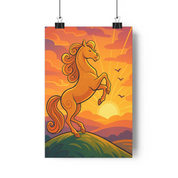 Poster cheval sauvage feuilles orange nuages roses jaunes soleil couchant oiseaux montagnes violettes plante verte ambiance joyeuse style cartoon dynamique