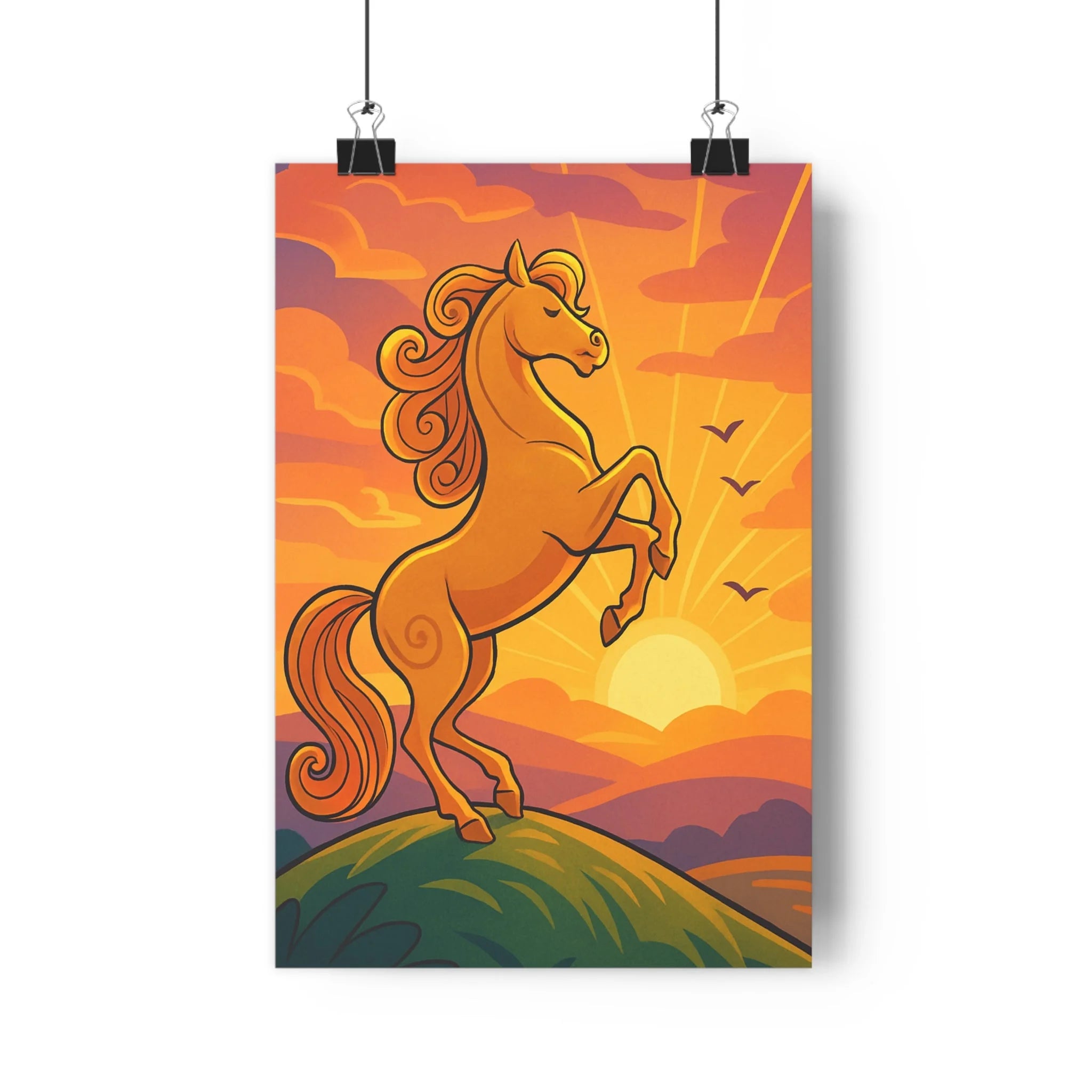 Poster décoratif cartoon chevalier orange doré aventure chambre salon dynamique paysage majestueux colline stylisé