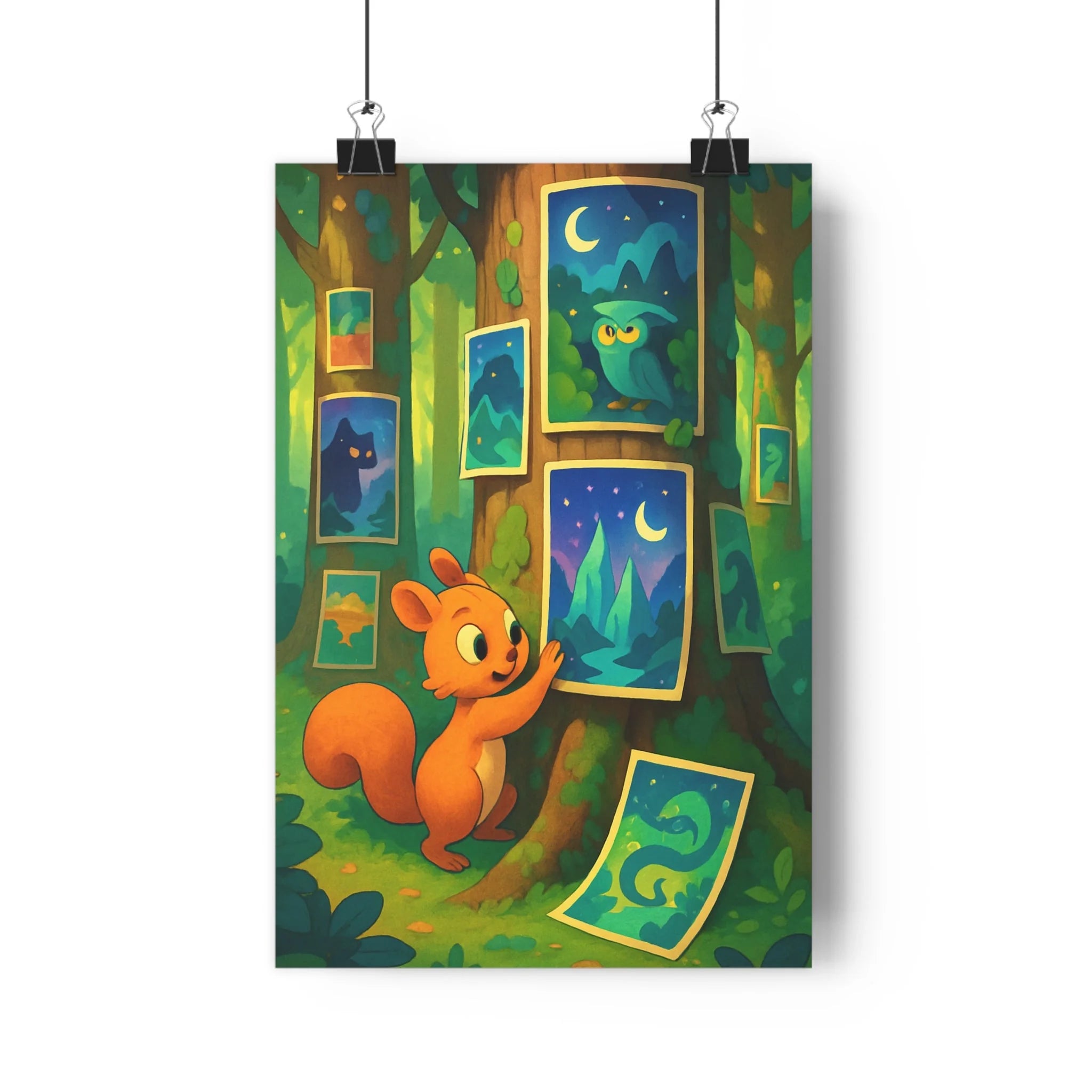 Poster décoratif féérique forêt enchantée écureuil hibou vert violet bleu chambre enfant qualité premium