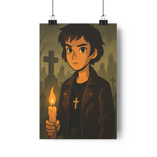 Poster mystère cimetière bougie croix veste collier ombre nuit tombes gris vert cartoon élégance ambiance spéculaire chambre salon