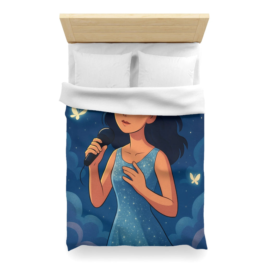Housse de couette rêveuse avec chanteuse, papillons, lune et ciel étoilé bleu