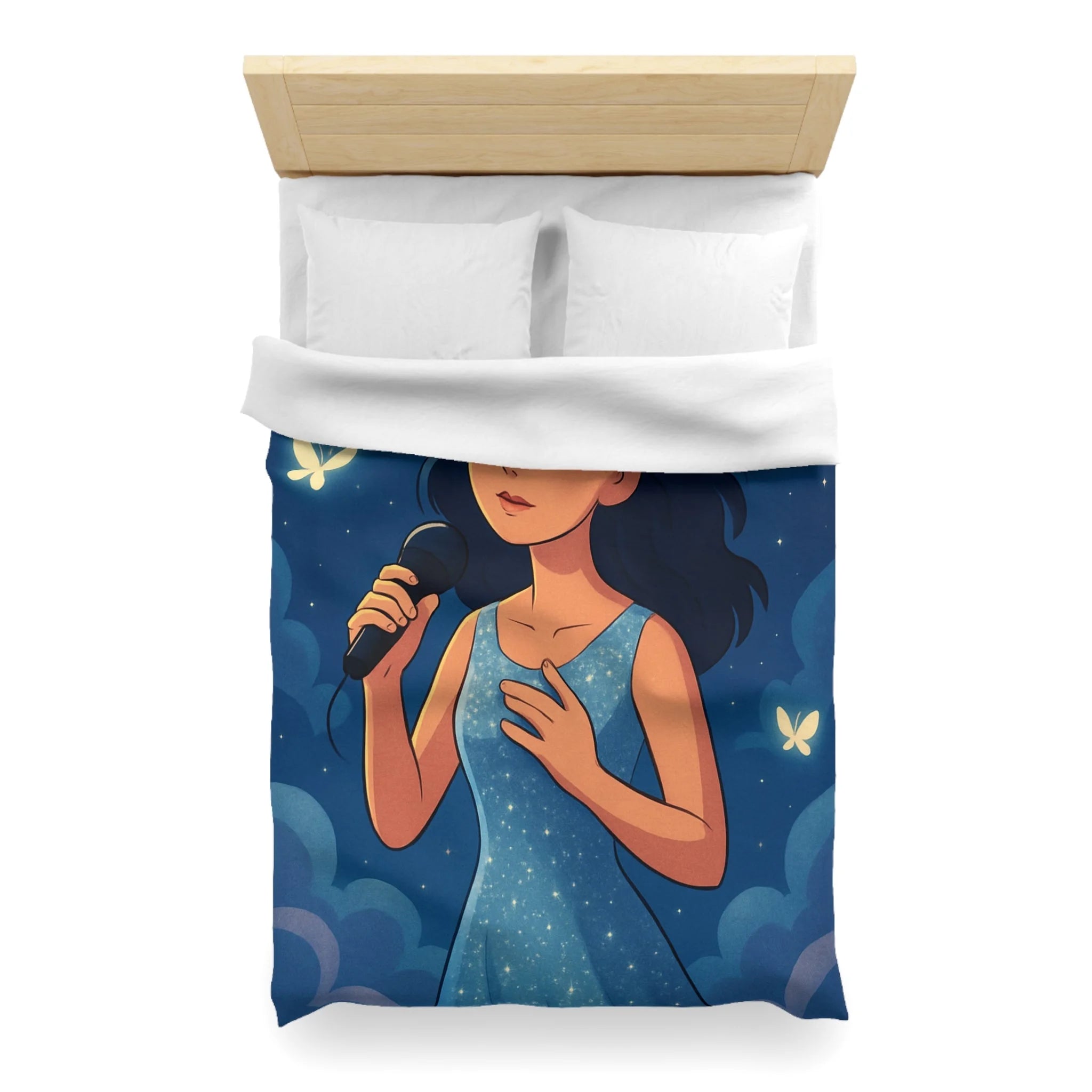 Housse de couette rêveuse avec chanteuse, papillons, lune et ciel étoilé bleu