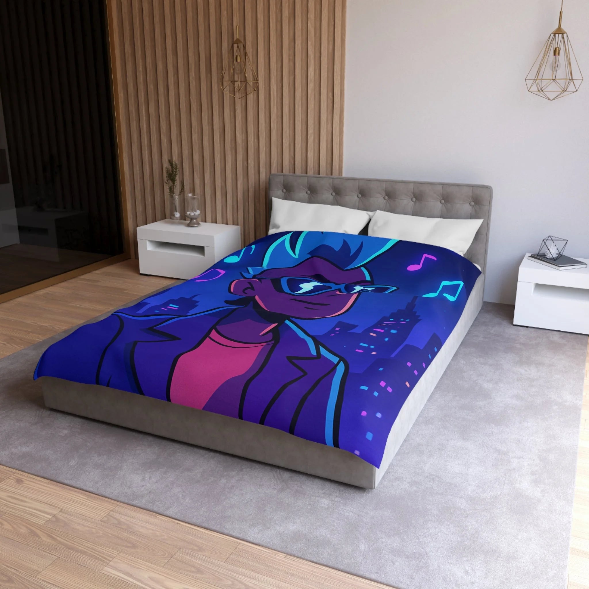 Housse de Couette Personnalisée avec Art de Ville Nocturne et Musicien Stylé Électrique
