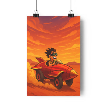 Poster aventure course voiture rouge orangé barbu montagne nuages cartoon dynamique énergie chambre salon