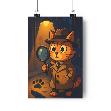 Poster chat détective loupe manteau cravate chapeau lanterne ombres lumière dorée décor nocturne style cartoon couleurs vives ambiance mystérieuse chambre