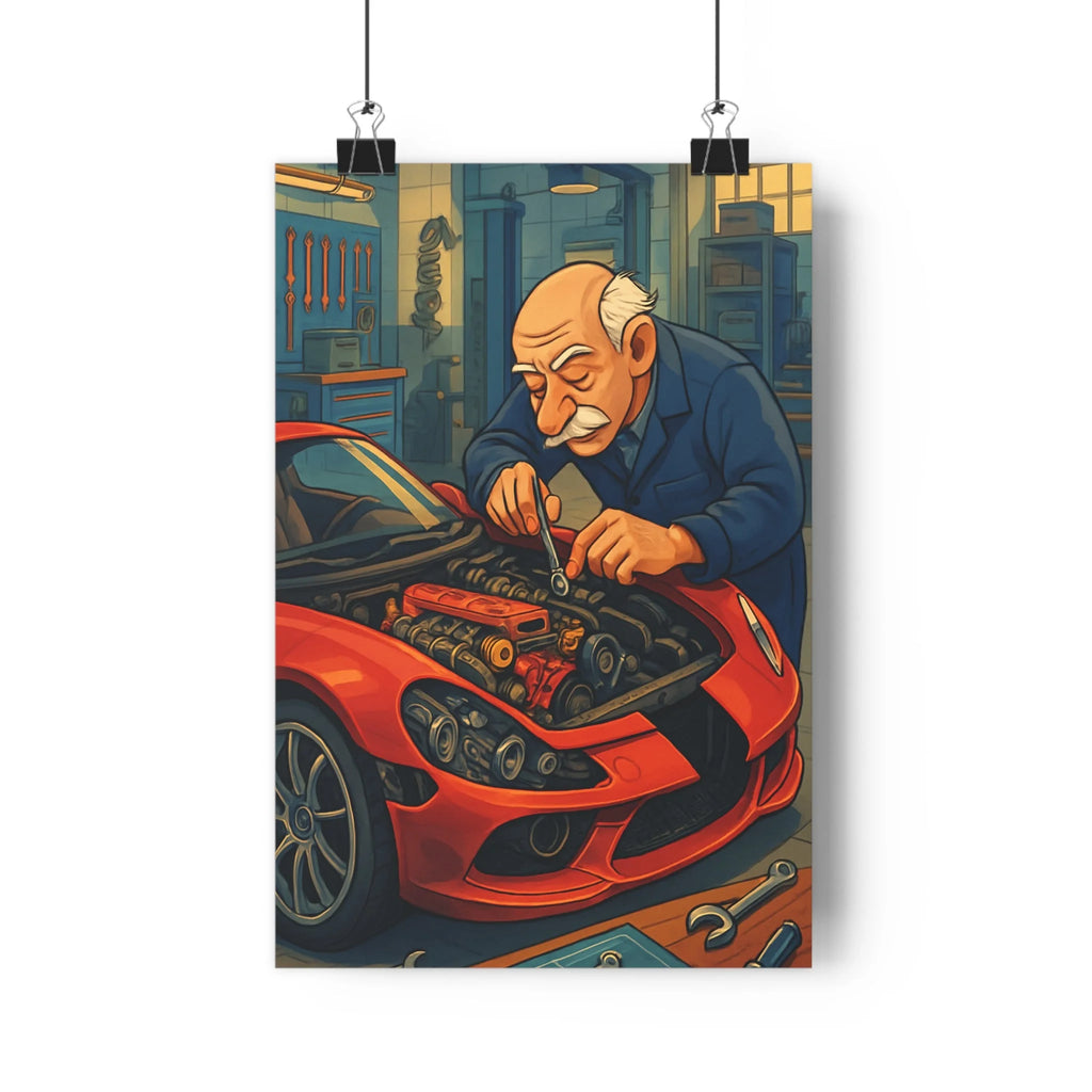 Poster décoratif dessin animé voiture rouge bleu mécanique garage technique vibrant salon passionné qualité