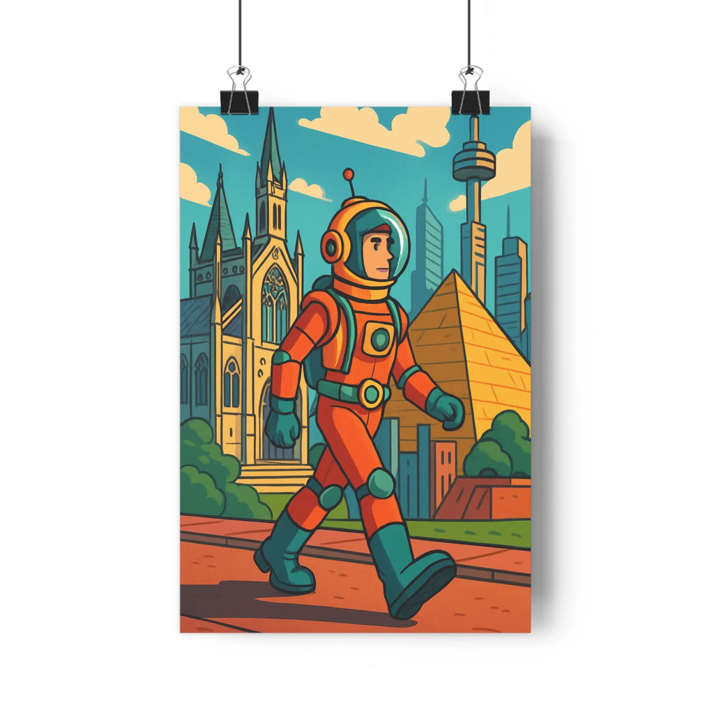 Poster astronaut spatial rue pavée cathédrale gothique pyramide gratte-ciels bleus verts orange détails dorés style cartoon futuriste historique moderne salon