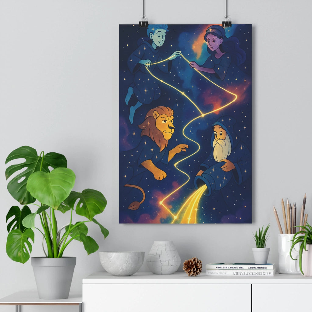 Poster décoratif mystique bleu doré chambre salon cosmos personnages magie rêve étoilé connexion ambiance