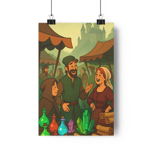 Poster joyeux marché médiéval personnages colorés bouteilles cristaux tentes colline château cartoon vivace salon chambre bureau