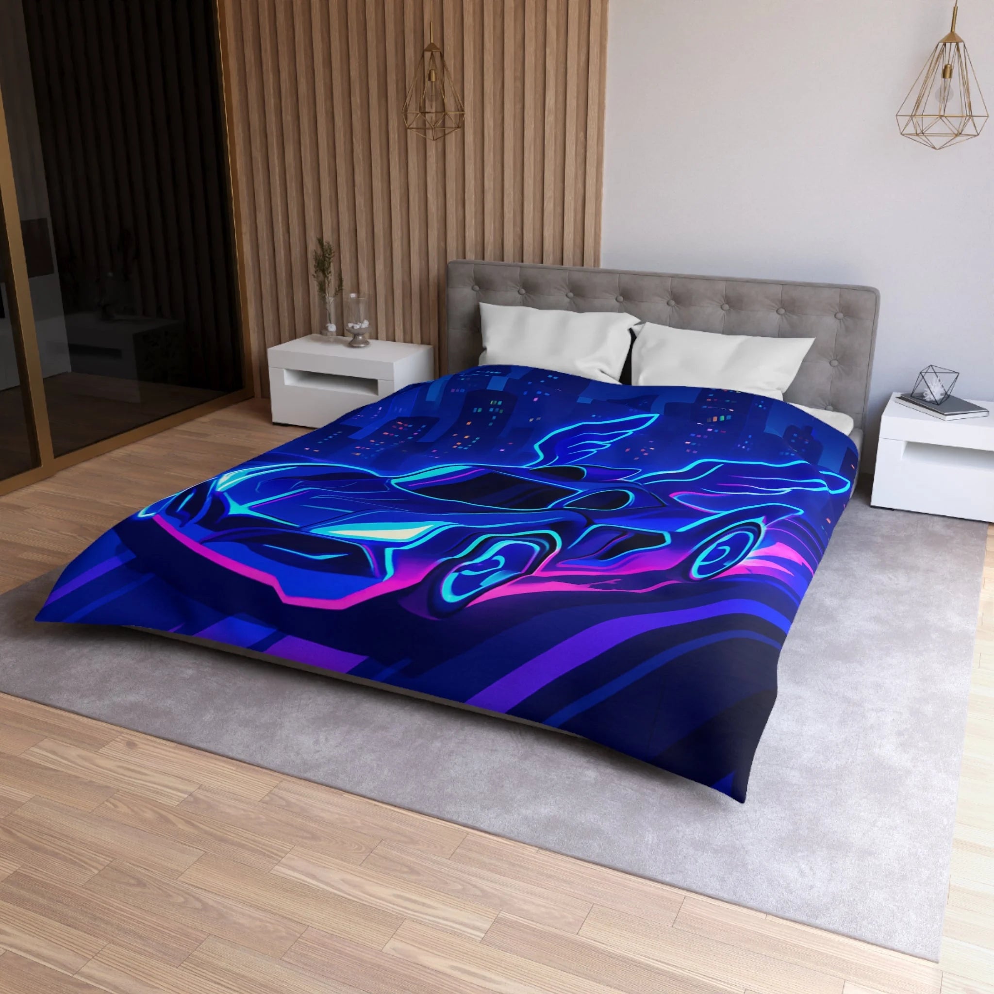 Housse de couette néon voiture futuriste volant dans une ville aux reflets lumineux