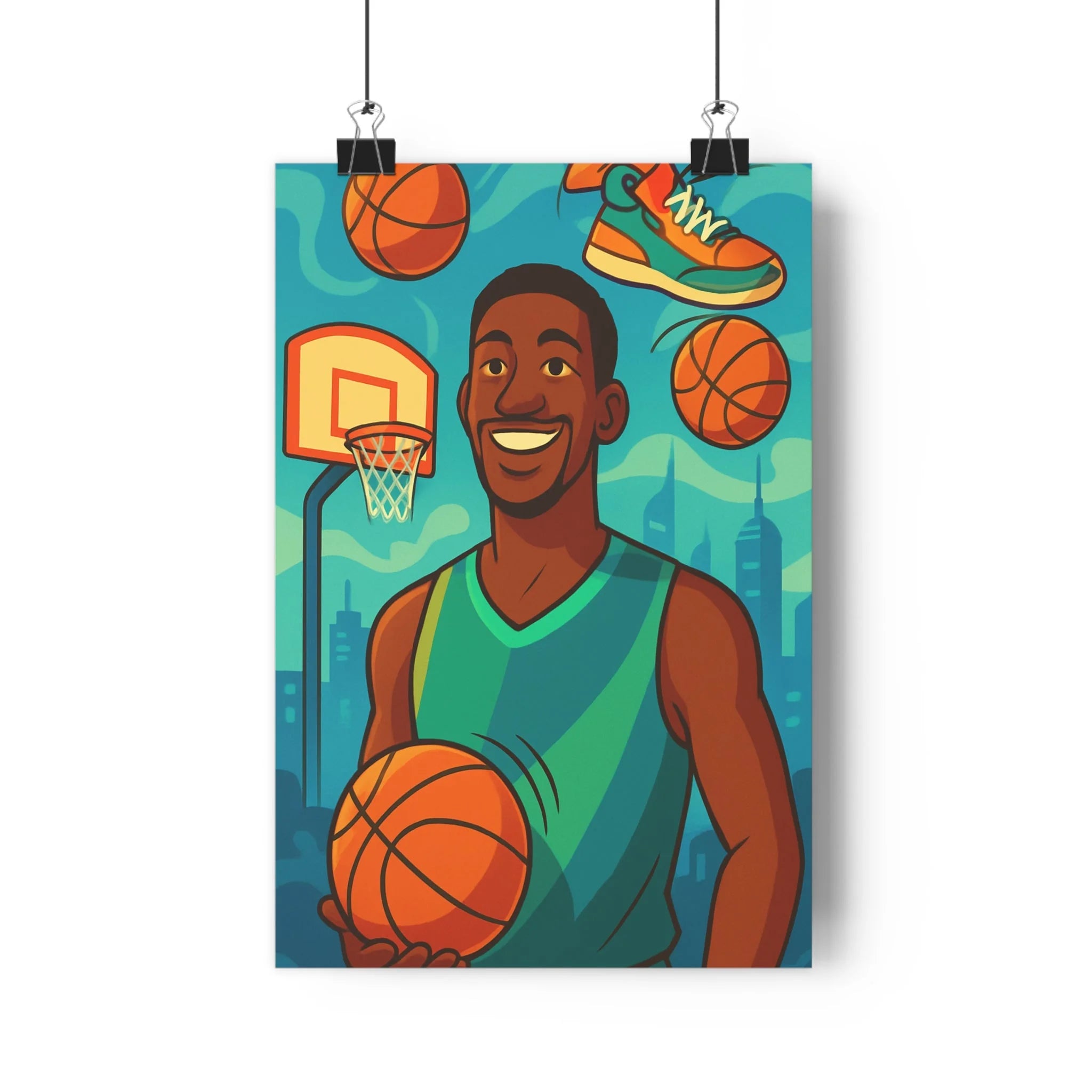 Poster décoratif basketball joueur souriant bleu orange vert graphique futuriste dynamique chambre enfant 30x46