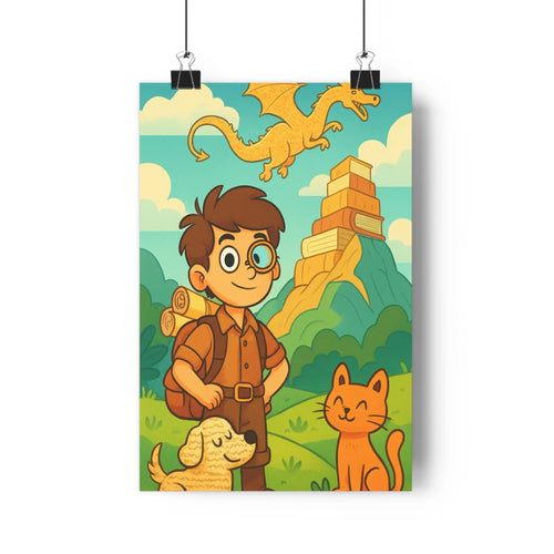 Poster aventure enfant dragon chien chat pyramide montagne ciel bleu nuages contours nets couleurs vives style cartoon joyeux imagination chambre