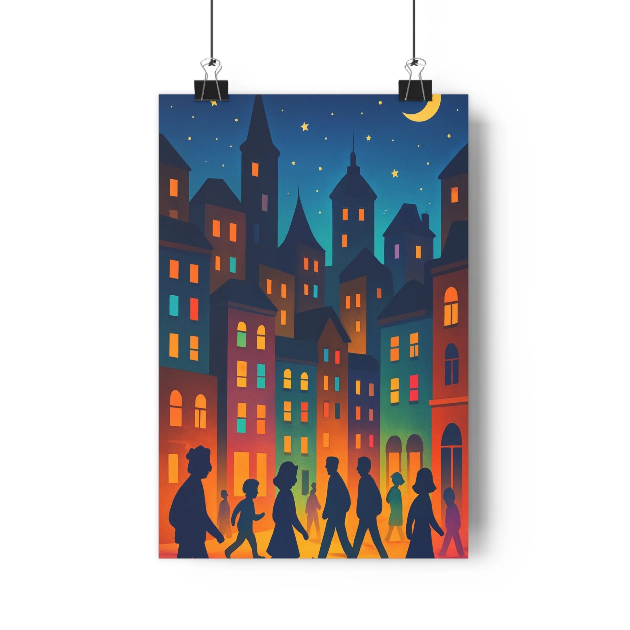 Poster décoratif cartoon urbain nuit bleu orange jaune artistique salon chambre bureau 30x46 élégant