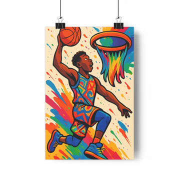 Poster joueur basket maillot géométrique couleurs vives panier moderne fond blanc énergique dynamique graphique traits épais salon chambre bureau
