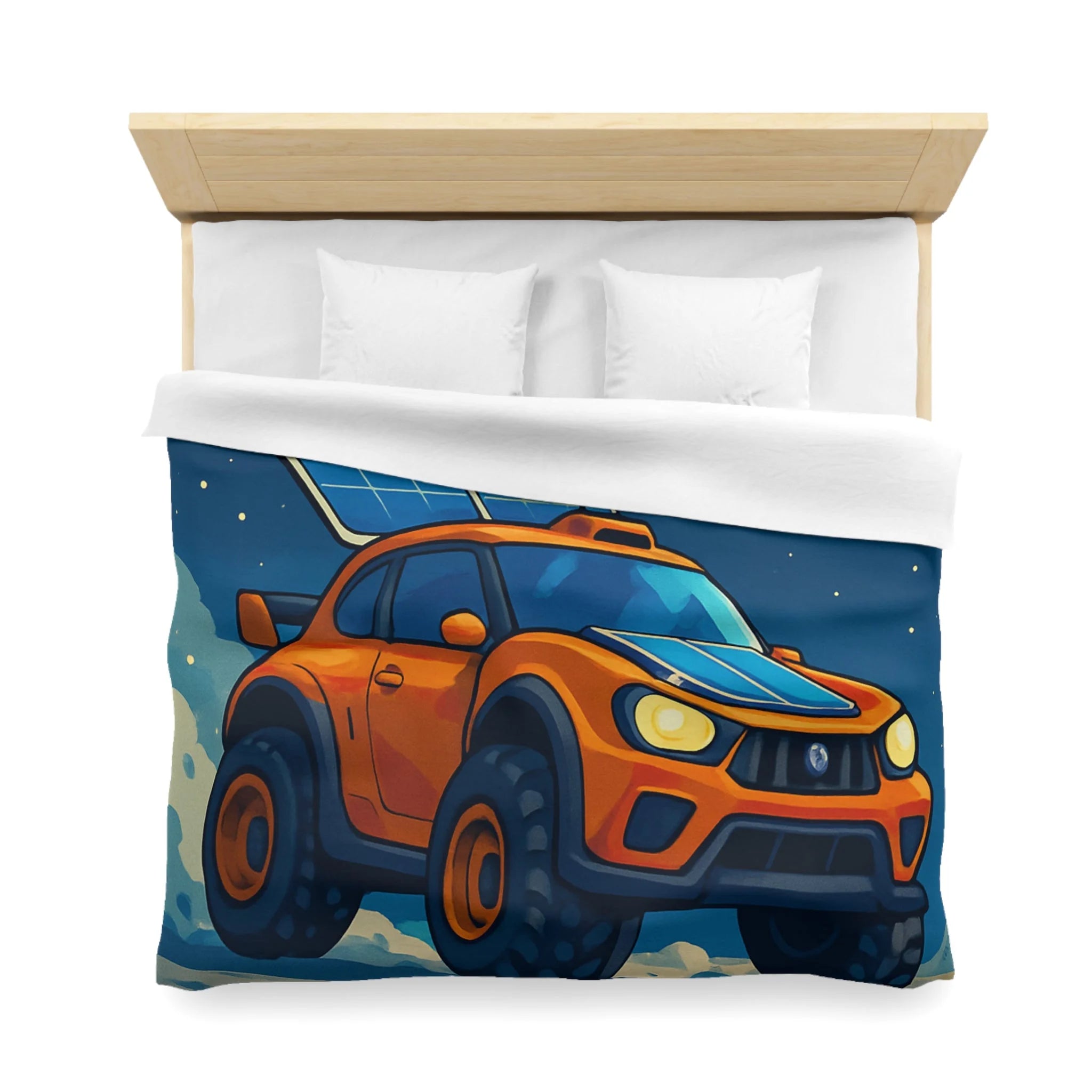 Housse de couette spatiale avec voiture orange et robots sur fond lunaire captivant