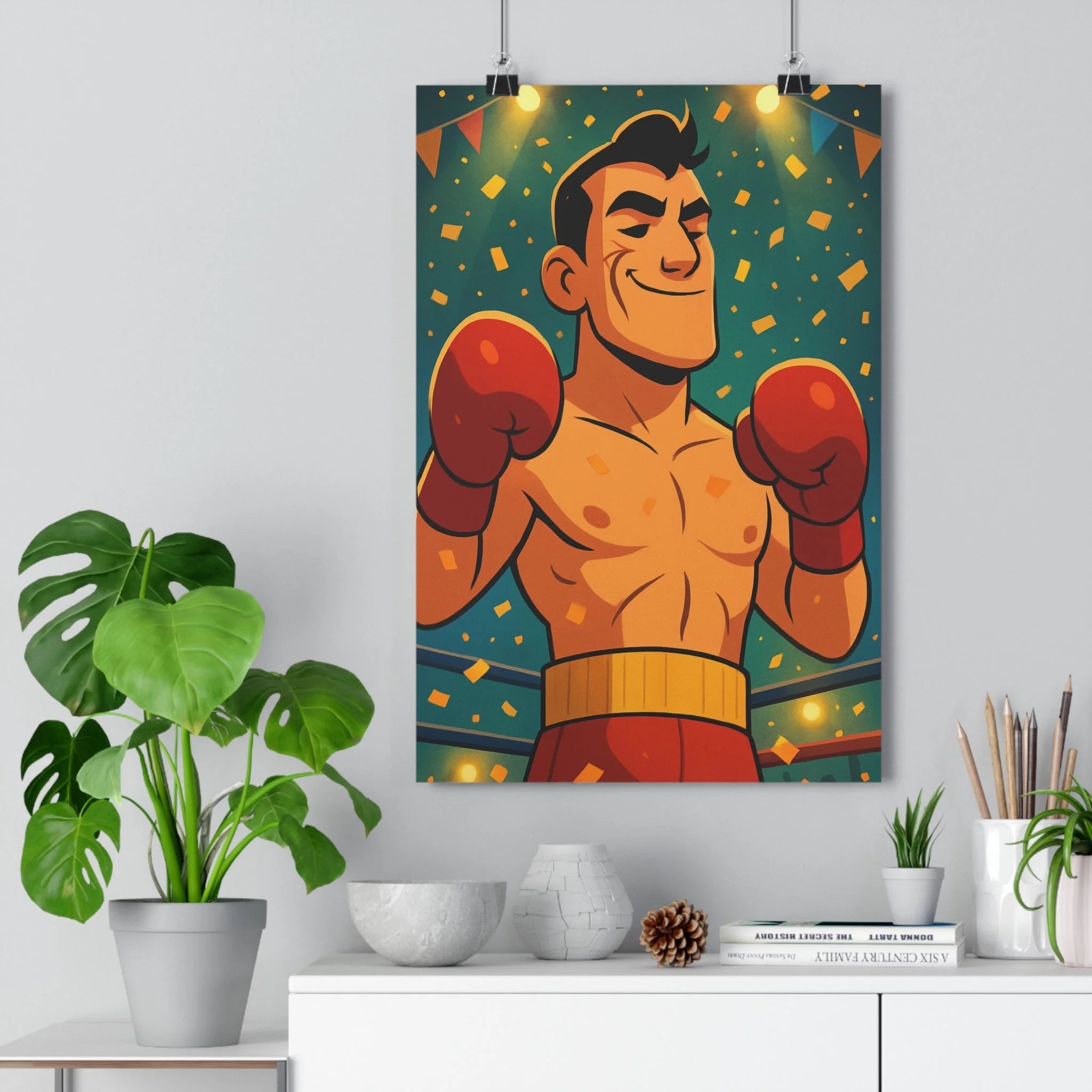 Poster décoratif animé rouge jaune boxeur dynamique sportif salle sport énergie festive musclé ambiance