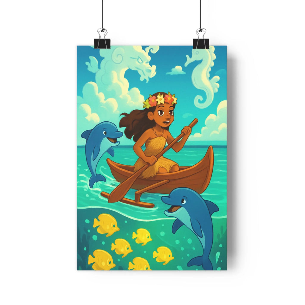 Poster décoratif aventure océan enfant chambre couleurs vives cartoon joyeux mystique dauphins poissons ambiance