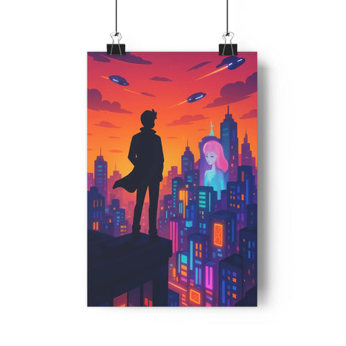 Poster futuriste ville lumineuse rose violet structures silhouettes urbaines ombres bien définies cheveux roses manteau noir contours nets ambiance intrigante