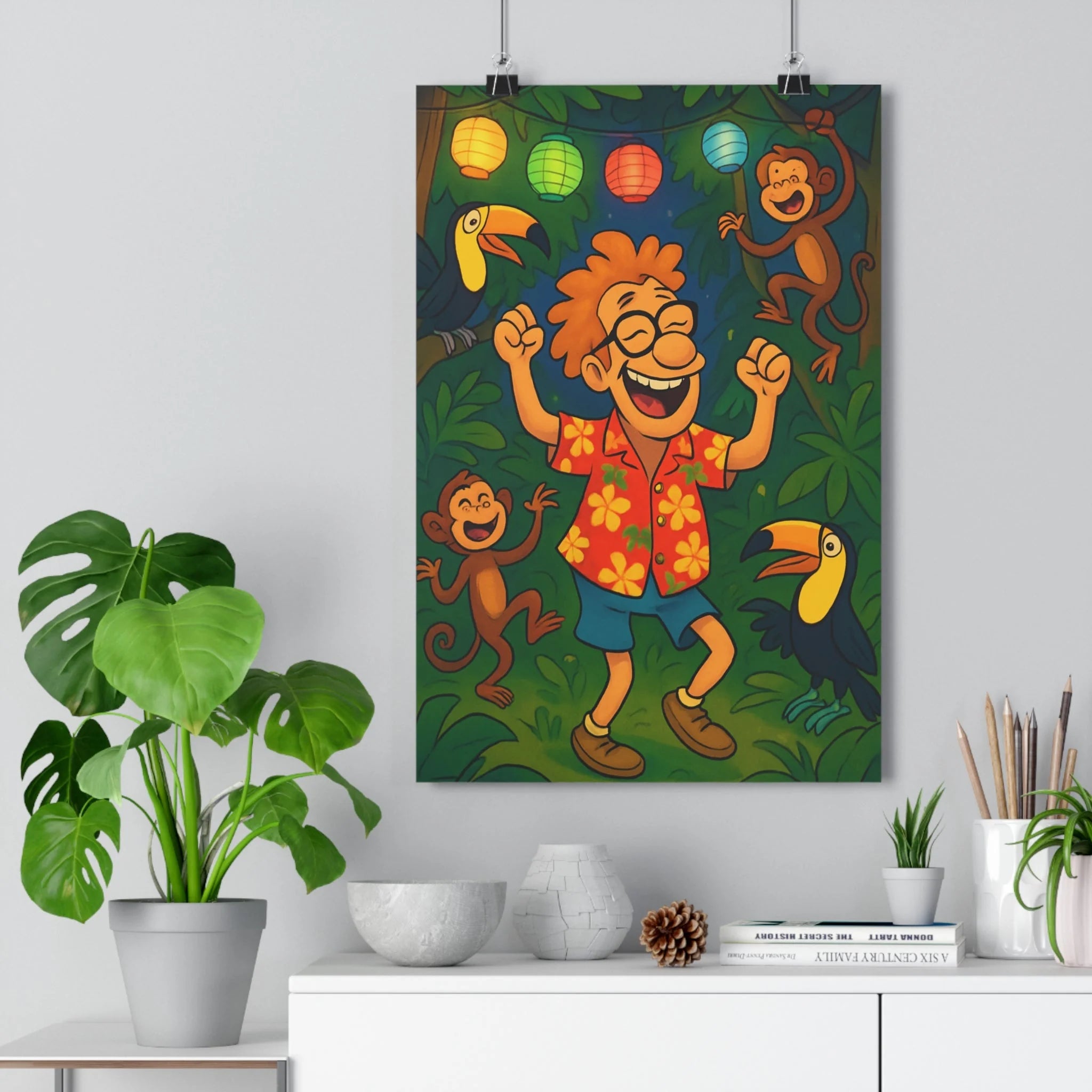 Poster décoratif tropical jungle vert jaune cartoon joyeux chambre salon enfant 30x46 singes toucans
