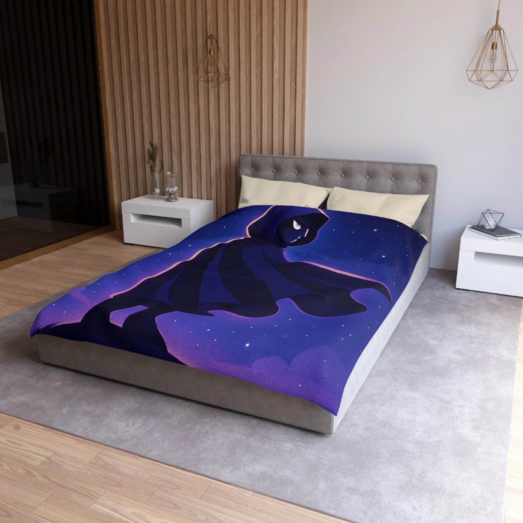 Housse de couette mystérieuse avec silhouette en cape sous un ciel étoilé magique