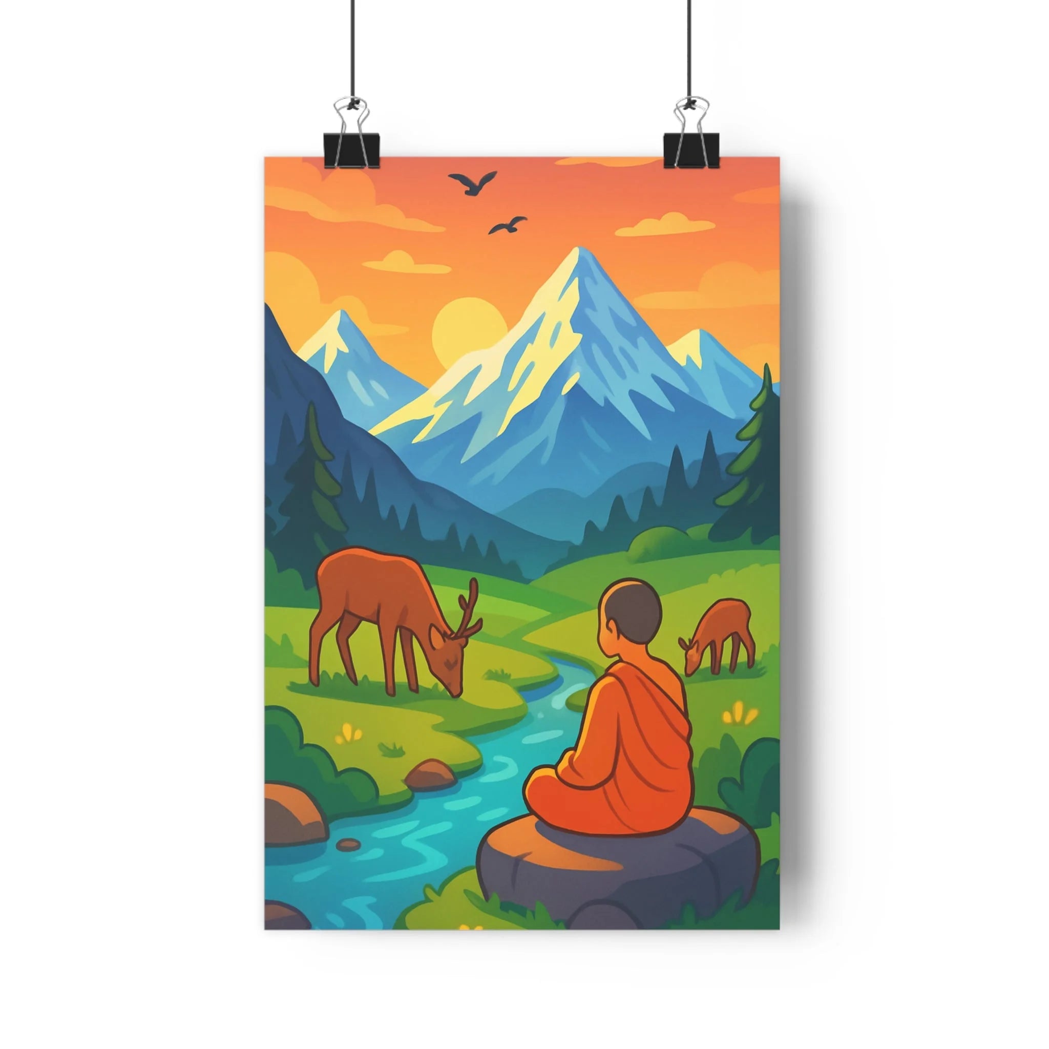 Poster décoratif anime paysage montagne sérénité méditation nature coloré salon chambre ambiance calme qualité