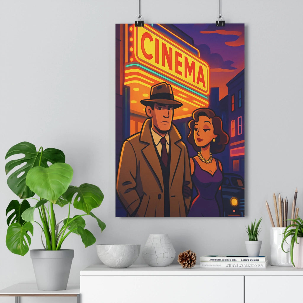 Poster décoratif vintage cinéma scène rétro homme femme trenchcoat chapeau salon chambre lumineux ambiance
