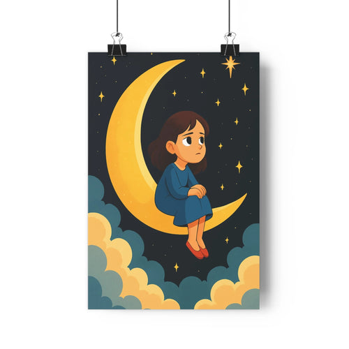 Poster féerique fille lune nuages étoiles nuit bleu rouge contour cartoon calme ambiance conte fées intérieur domestique