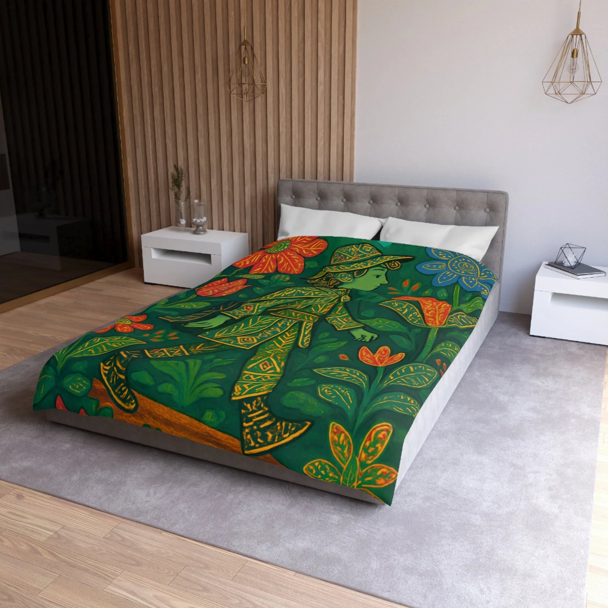 Housse de couette vibrante avec motif botanique et personnage en marche serein